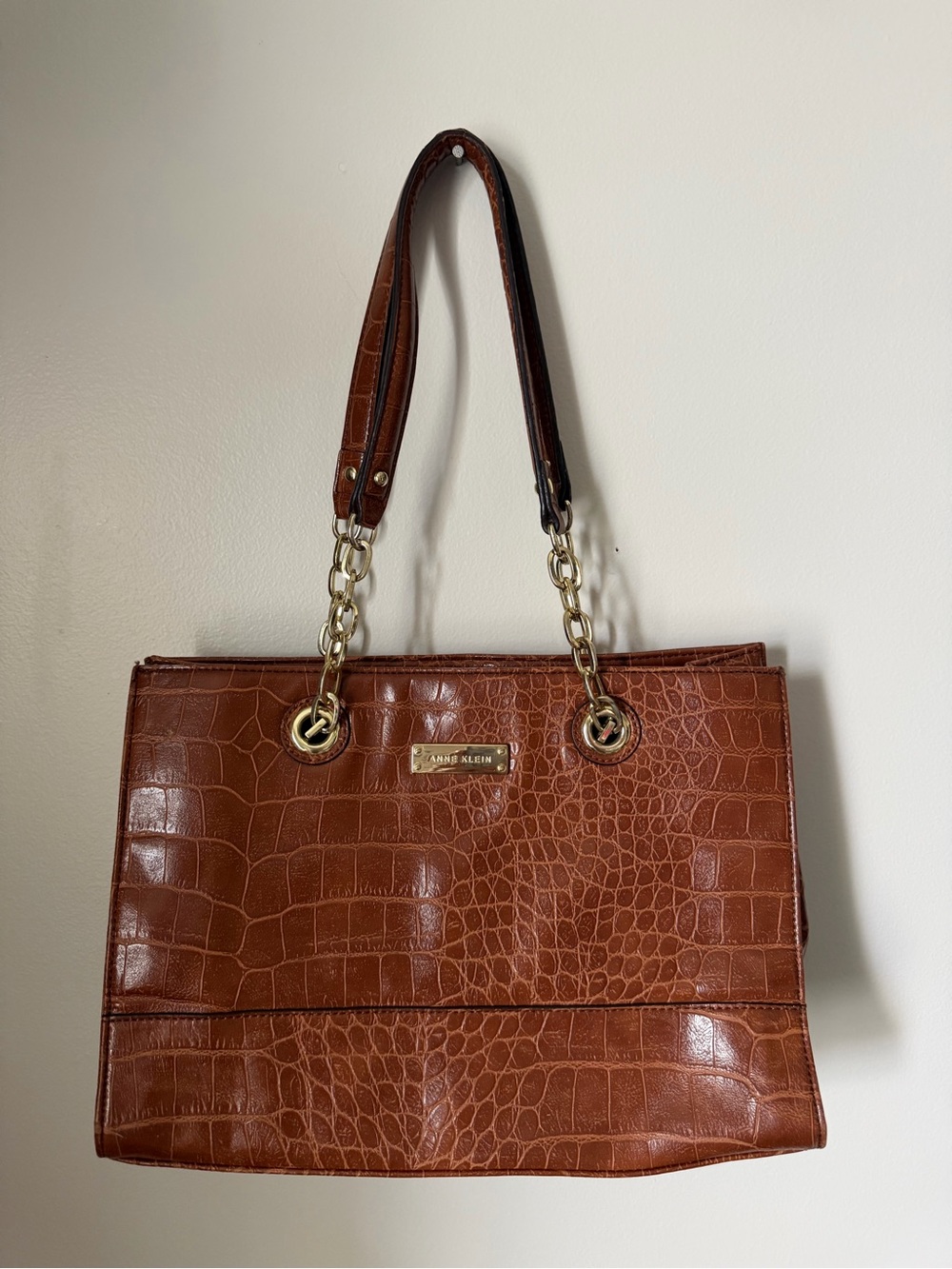Anne Klein Cognac Croc-Embossed Shoulder Tote with Gold Hardware